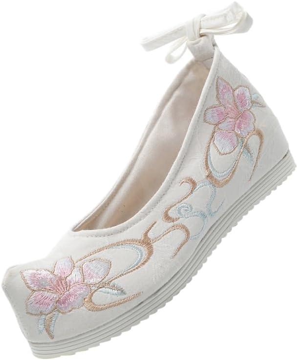 1 Pair Hanfu Shoes Thick-Soled Silk Shoes Ethnic Slope-Heel Shoes Embroidered Chinese Mesh Vintage Embroidery Shoes for Ladies White, 6