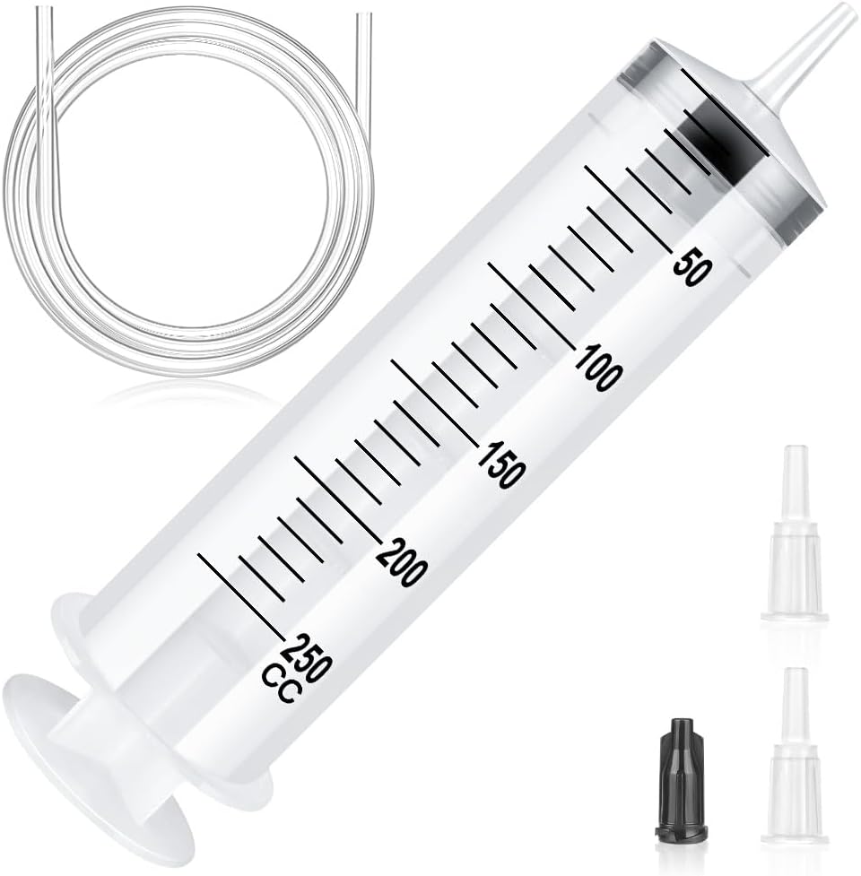 OFFCUP Plastic Syringes, 250ml No Needle Syringe, Liquid Measuring Syringe with Transparent Catheter for Refilling and Measuring Liquids, Scientific Labs Experiment, Feeding Pets (No Needle)