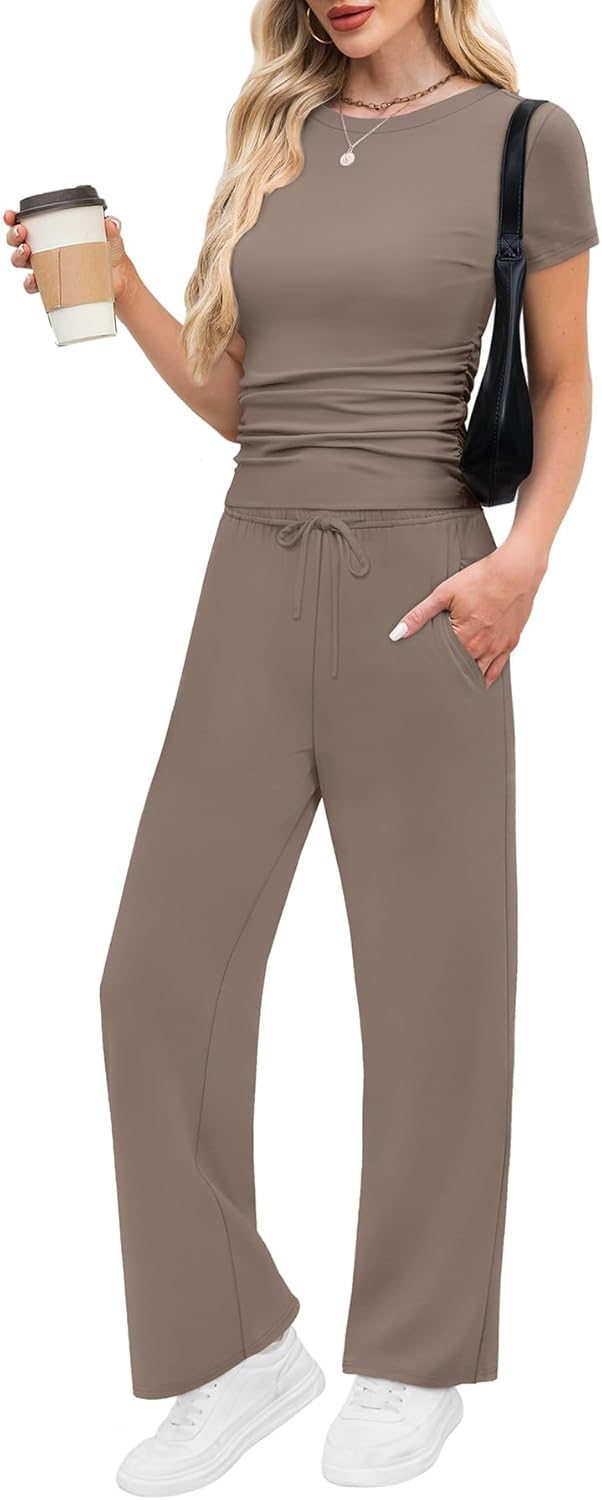 WIHOLL Lounge Sets for Women 2 Piece Vacation Outfits Short Sleeve Tops with Side Ruched Wide Leg Pants Matching Sets