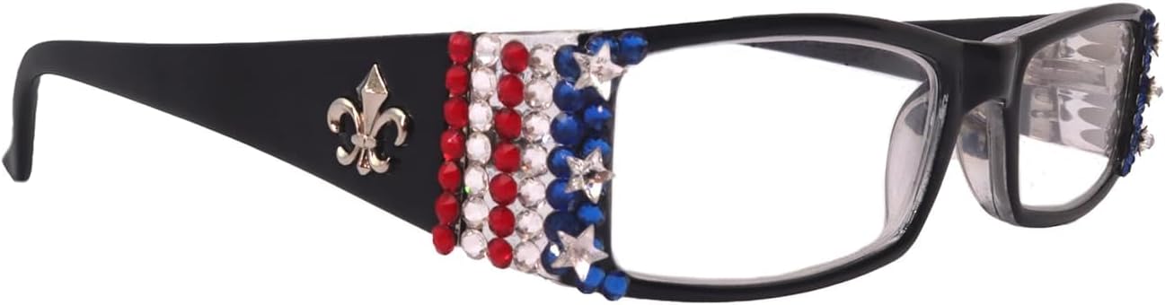 NY FIFTH AVENUE The French (Bling) Fleur De Lis, Readers w USA Flag (Clear, Siam Red, Blue) Crystals (Black) Rectangular