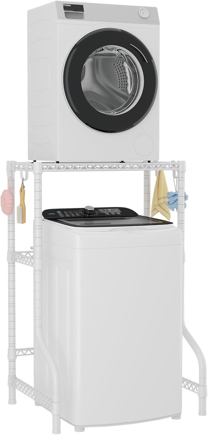 ULIFHOME U16 Upgraded Washer Dryer Stacking Rack for Narrow Laundry Room | Metal Over Washer and Dryer Storage Shelves, Laundry Space Saver for Portable Dryer, 29.5"W x 23.6"D x 53.1"H, White
