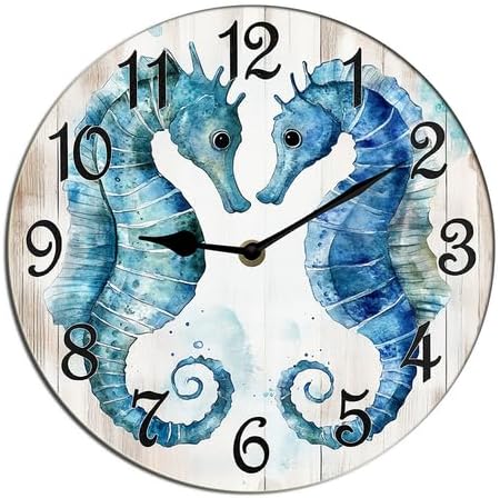 Horienteeon Seahorse Wall Clock Ocean Couple Love Wooden Clock Non Ticking Silent Kitchen Clock Battery Operated Clocks For Living Room Bedroom Living Room Decor Hanging Desk Art Round 10"