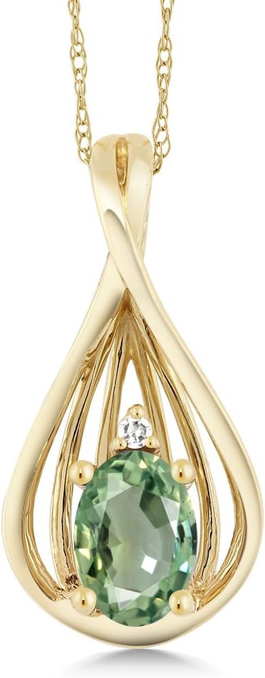 Gem Stone King 10K Yellow Gold Green Sapphire and White Diamond Teardrop Pendant Necklace For Women (0.55 Cttw, Gemstone September Birthstone, Oval 6X4MM, with 18 Inch Chain)