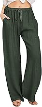 Linen Pants Women Summer 2024 Casual Drawstring Elastic Waist Cotton Long Wide Leg Pant Lounge Trousers with Pockets