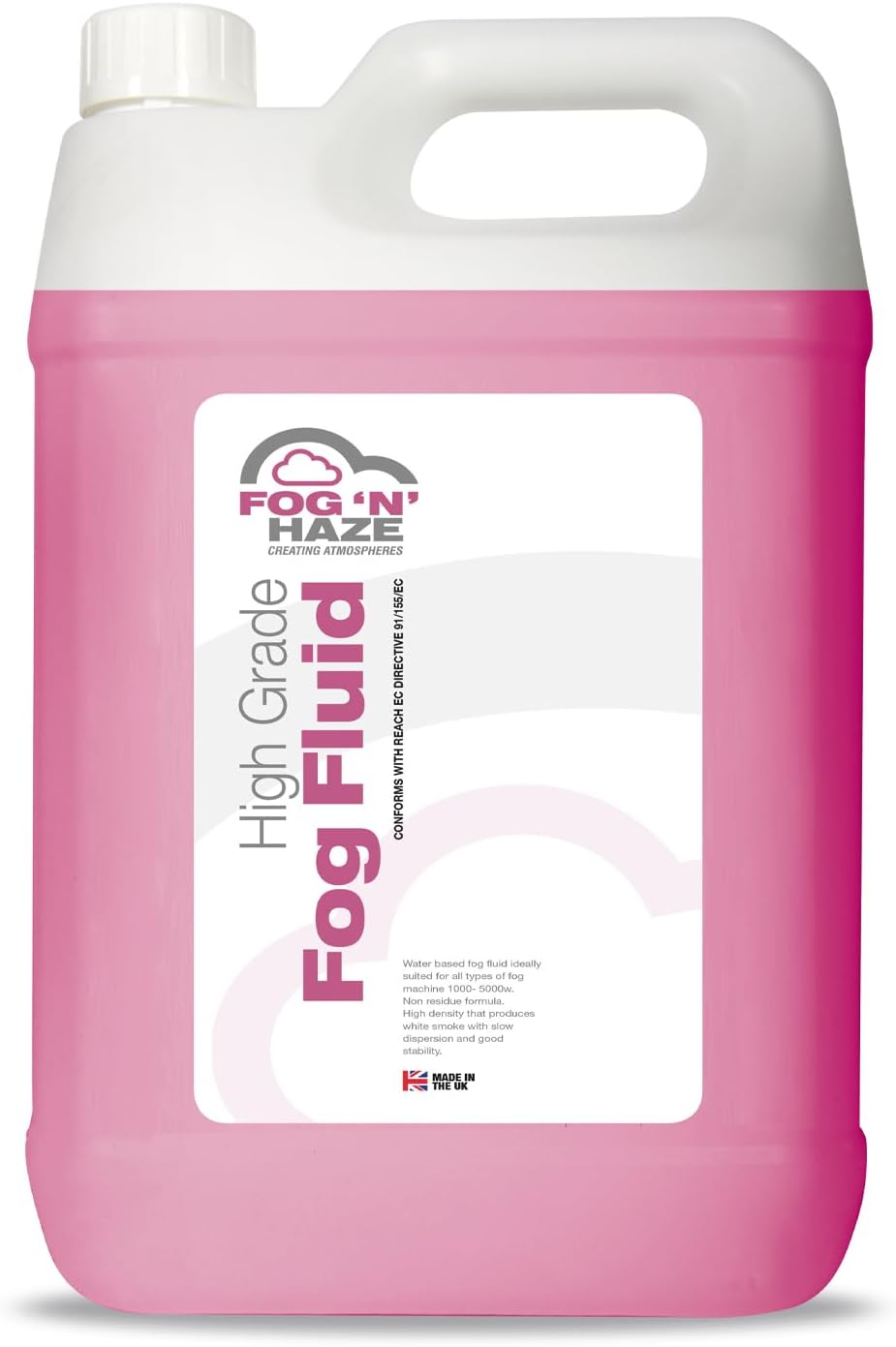 Fog N Haze High Grade Fog Machine Fluid, REACH EC Compliant, For 1000-5000W Machines, Non-Residue Formula, Water Based, Slow Dispersion, High Density, White Smoke, 5 Litre