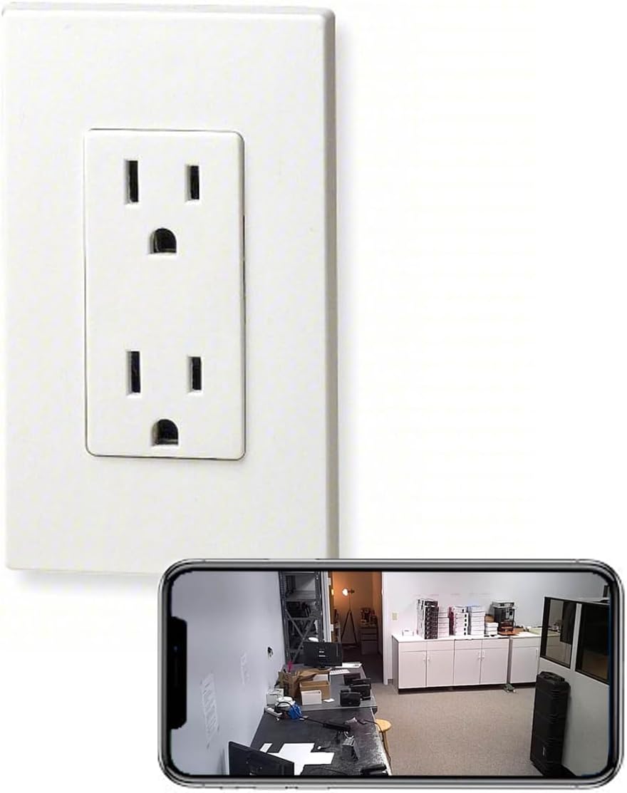 4K Tuya Smart Life Power Outlet Receptacle Wi-Fi Spy Camera 120V Wired (White/Square/Video only, No Audio)