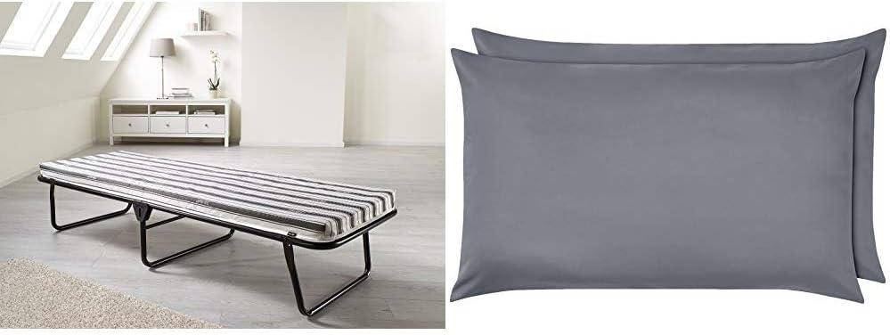 JAY-BE Value Folding Bed with Breathable Airflow Mattress, Fabric, Black, Single & Amazon Basics Microfibre Pillowcases, Dark Grey – Set of Two