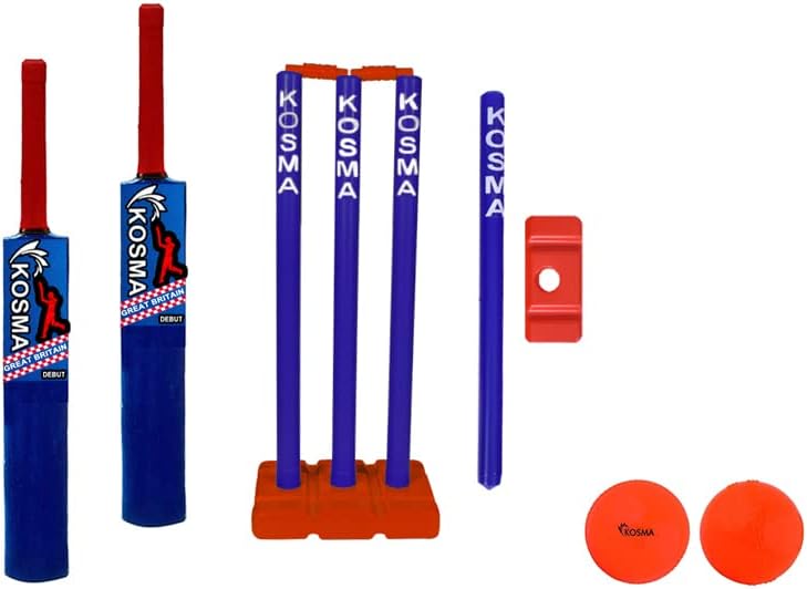 Kosma Junior Kwik Cricket Bat set with Carrying Bag | 2 Crazy Cricket Bat No 2 (26”) with 2 x Cricket Practice Balls, Wicket Sets with Target Stump & a Carrying Bag - Red & Royal Blue Colour