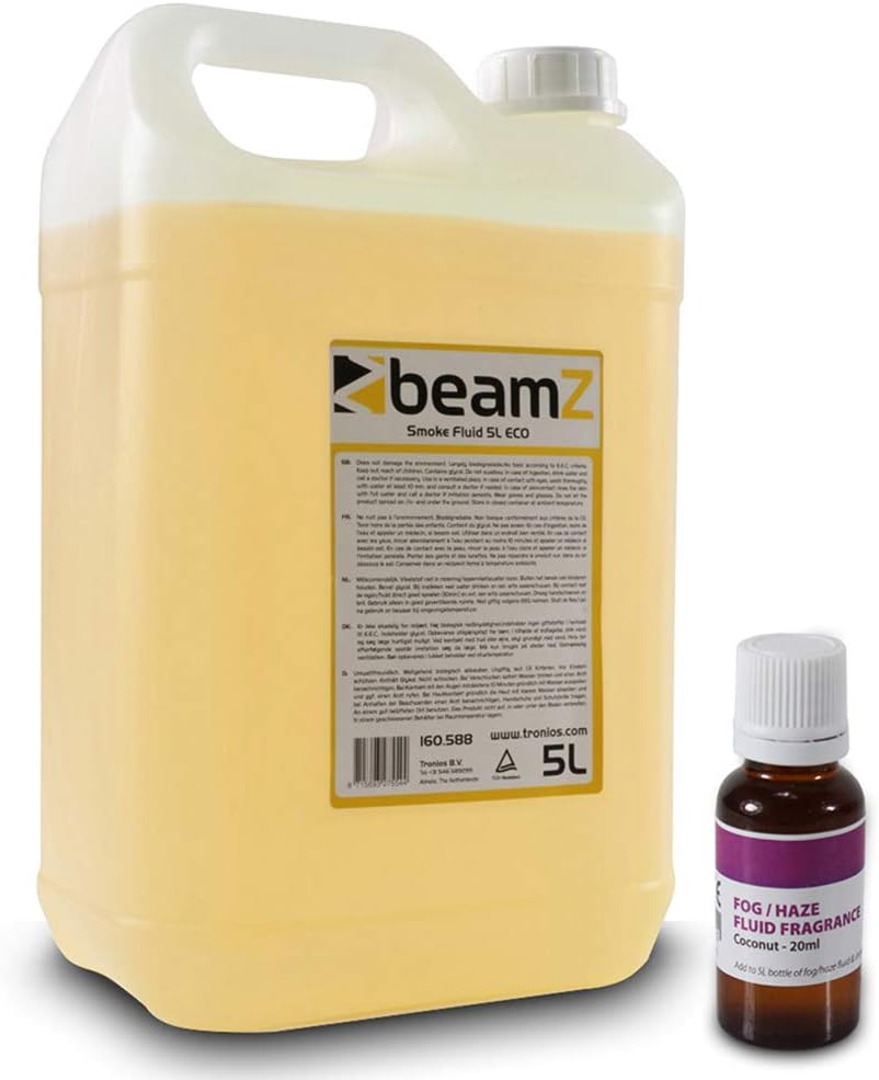 beamz 5L Eco Orange Smoke Machine Fluid with Coconut Scent Fragrance 30ml, Low-Density Fog Liquid Bundle for DJ Events, Parties & Stage Lighting, Non-Toxic & Biodegradable Fog Juice