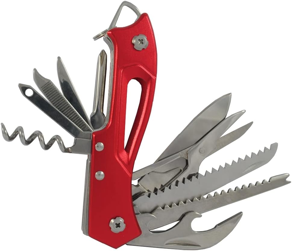 DIY TECH UK - 13 in 1 Pocket Multi Tool with UK Legal Folding Knife + Mini Multitool with Scissors, Saw, Tin Opener, Bottle Opener, Corkscrew, Screwdriver Red - with Pouch