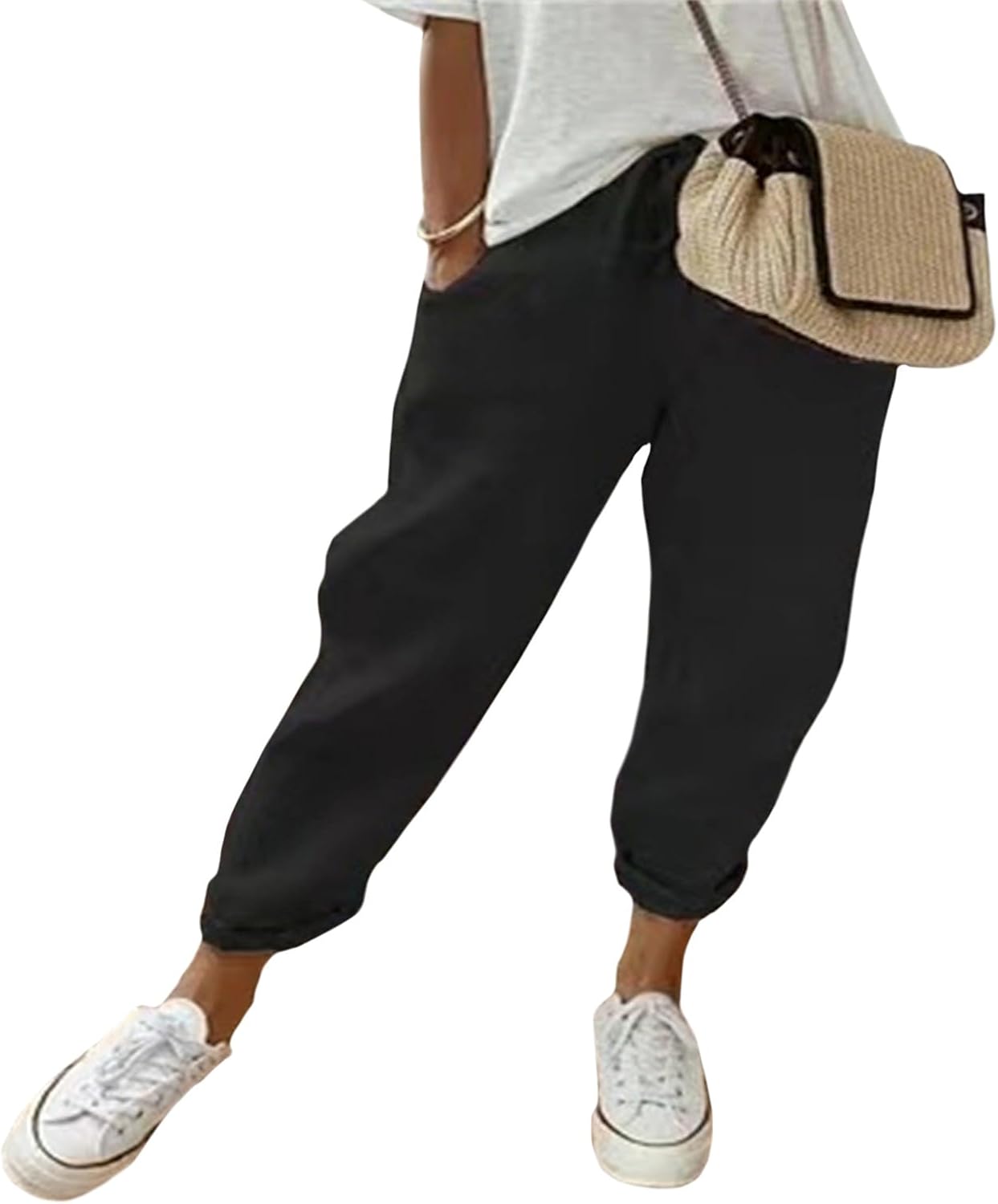 Womens Elastic Waist Straight Leg Loose Pants Summer Casual Cotton Pants High Waisted Trousers with Pockets for Women