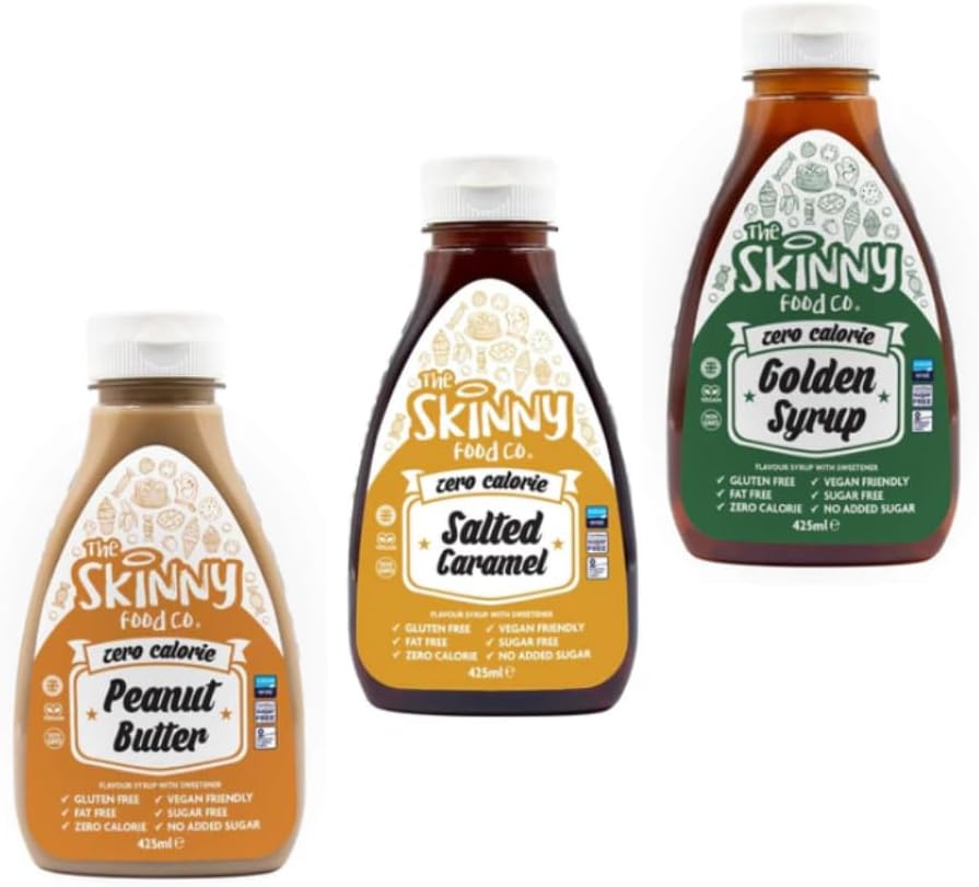 Skinny Sugar Free Golden Syrup, Salted Caramel, Peanut Butter Syrup 3 Pack Plus Free Recipe QR Code | Skinny Syrup | Zero Calorie Syrup | Sugar Free Syrups | Low Calorie Syrup | Zero Calorie Sauce