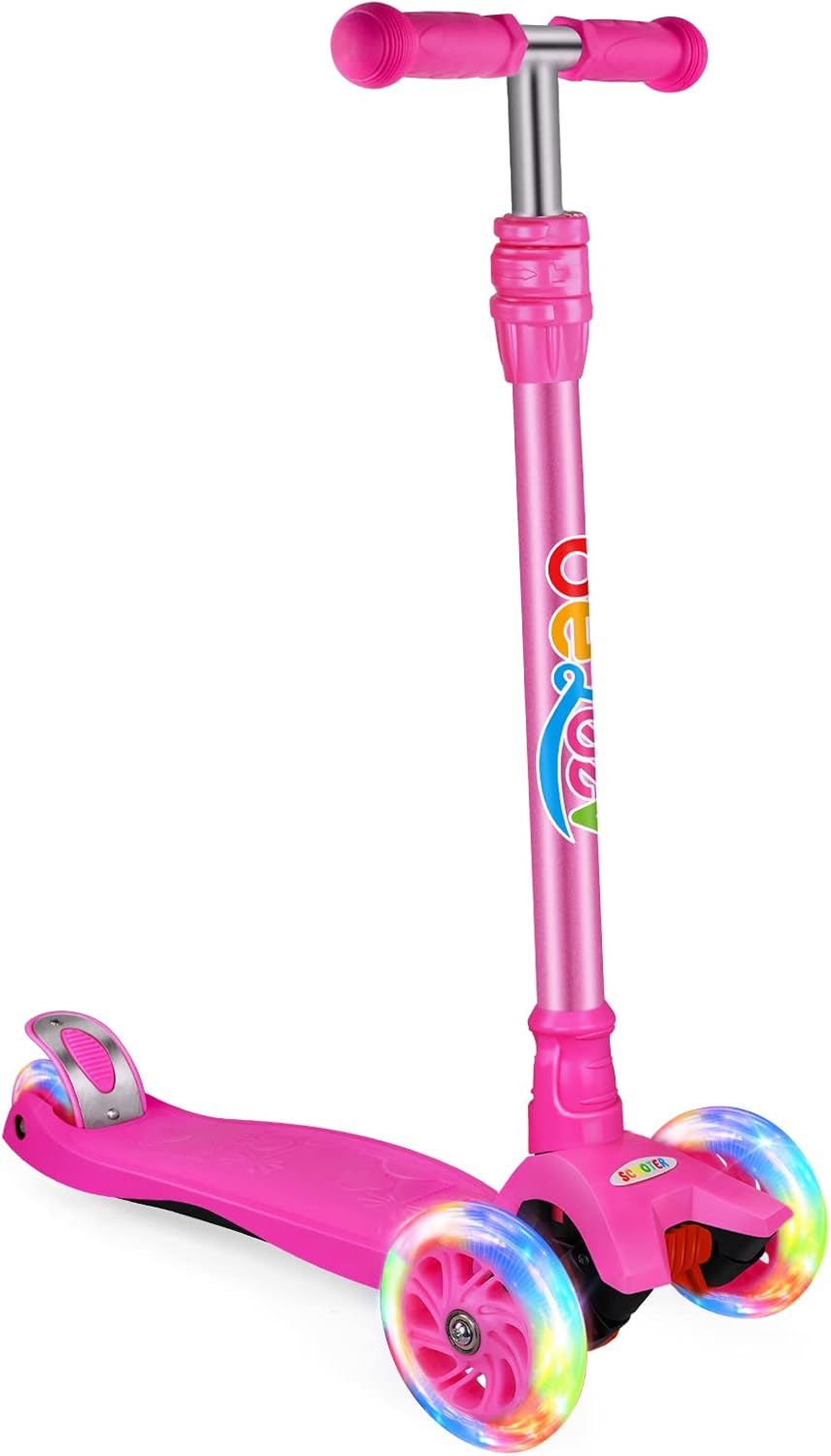 BELEEV Scooters for Kids 3 Wheel Kick Scooter for Toddlers Girls Boys, 4 Adjustable Height, Lean to Steer, Light up Wheels, Extra-Wide Deck, Easy to Assemble for Children Ages 3-12 (Rose Pink)