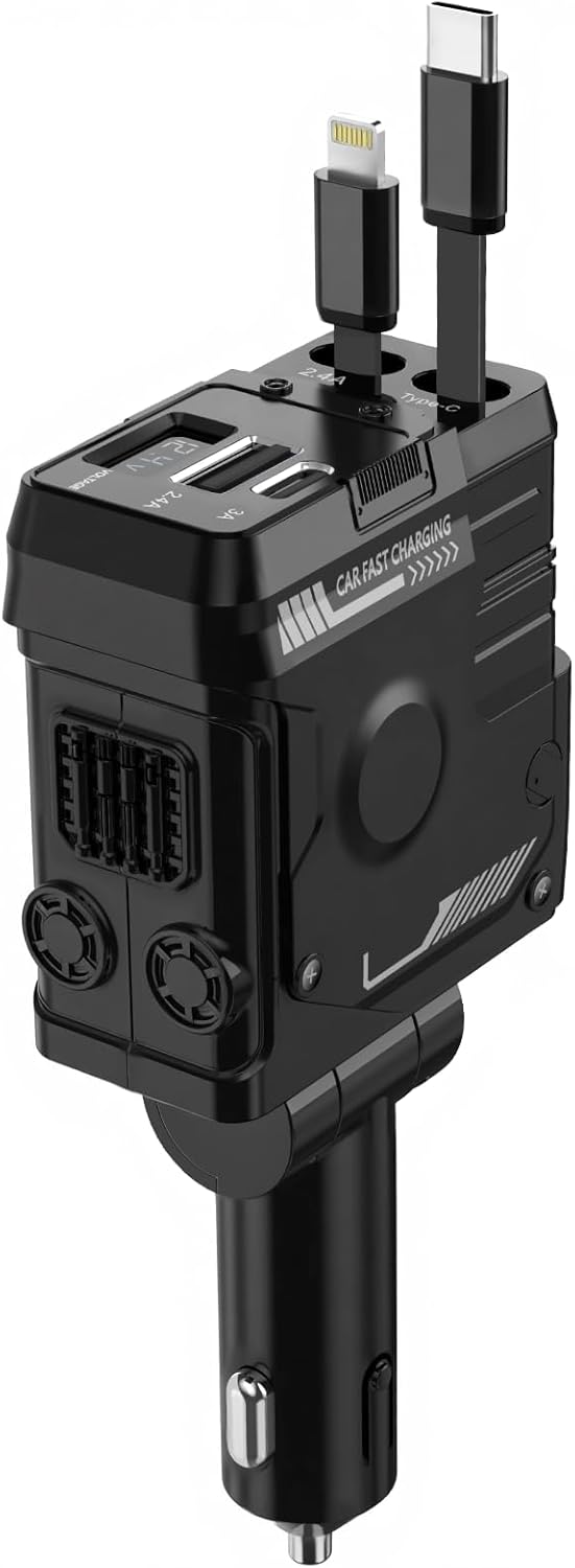 Retractable Car Charger, 4 in 1 Cell Phone Car Charger with Retractable Cables