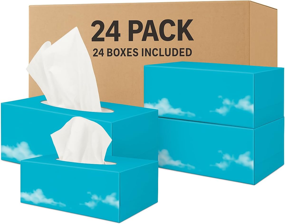 Facial Tissues 2-Ply – Bulk Pack of 24 Boxes (4800 Tissues) | 200 Sheets Each | 100% Virgin Wood Pulp | Soft & Strong | for Home, Office, School | Hygienic Opening. Facial Tissues Bulk Box
