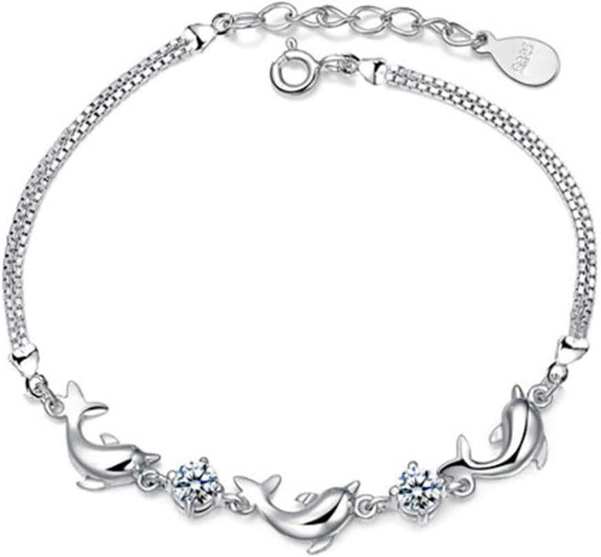 Mixiu Euro Women Girls Bracelets, 925 Sterling Silver CZ Cubic Zirconia Amethyst Dolphin Love Bracelets Jewellery Gift For Girls (White)