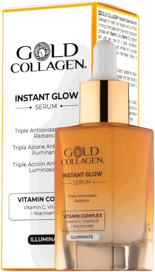 GOLD COLLAGEN Instant Glow - Vitamin C, Vitamin E, Glycerine & Niacinamide Serum Pore Minimizer & Moisturiser Skincare, Anti Aging Face Serum Against Wrinkles, Triple Antioxidant Action Skin Care 30ml