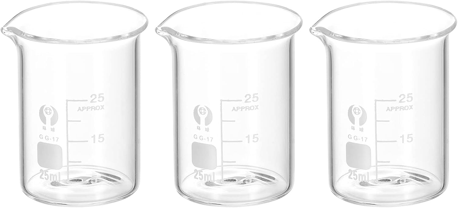PATIKIL 3Pcs 25ml Low Form Glass Beaker, 3.3 Borosilicate Glass Graduated Printed Scale Measuring Cups with Spout for Kitchen Lab Liquids