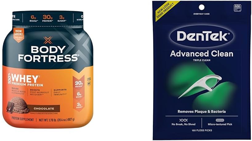 Body Fortress 100% Whey Protein Powder, Chocolate, 1.78lbs & DenTek Triple Clean Advanced Clean Floss Picks, 150 Count