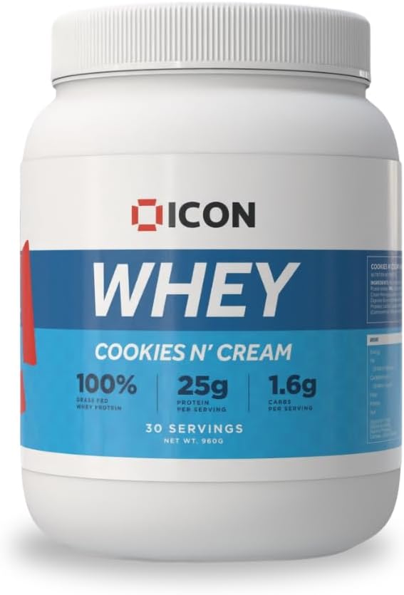 ICON Nutrition Whey Protein Powder — Cookies N Cream — High Protein, Grass Fed, Low Carbs & Fat, Complete Amino Acid Profile, Cold Shakes or Mix with Foods — 960g, 30 Servings