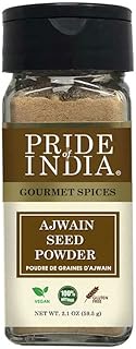 Pride of India – Ajwain Seed Powder – Gourmet Indian Spice – Made from Fresh Carom Seeds – Rich in Nutrients – Aromatic & Flavorful – Easy to Use - 2.1 oz. Small Dual Sifter Bottle