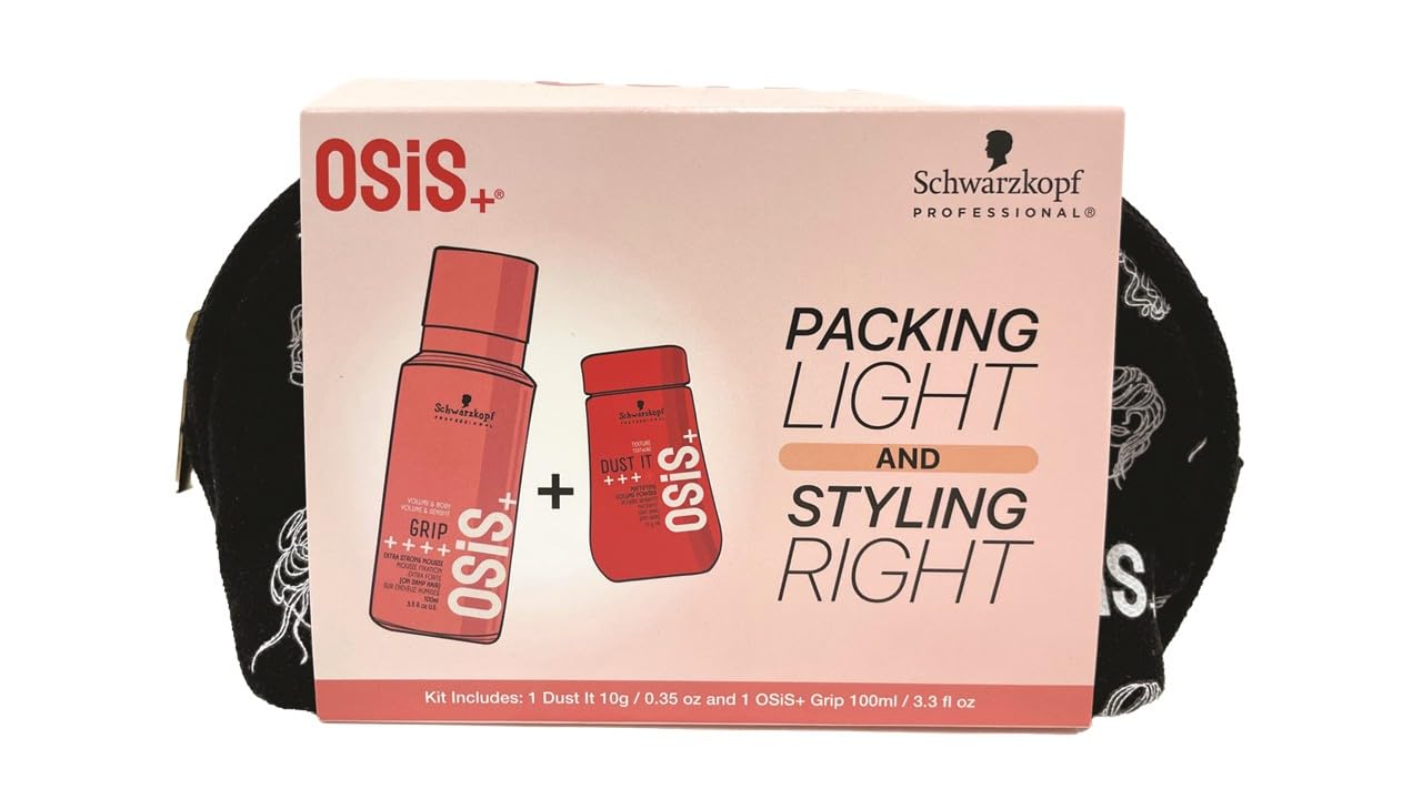 OSiS+ Packing Light and Styling Right Travel Hair Styling Kit - Includes Dust It Mattifying Volume Hair Powder, Travel Size Grip Extreme Hold Mousse, Limited-Edition Travel-Size Makeup Bag Gift Set