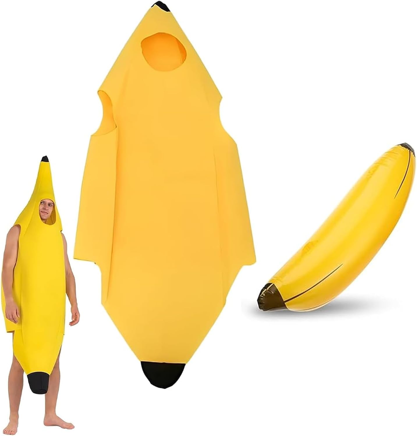 2Pcs Banana Costume Adult, Banana Costume, Unisex Yellow Banana Jumpsuit for Halloween, Inflatable Prop, Novelty Fancy Dress Outfit for Men & Women - Perfect for Christmas Party, Carnival, Cosplay