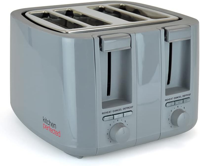 KitchenPerfected 4 Slice Wide Slot Toaster, 7 Browning Settings, Defrost/Reheat/Cancel, High Lift, Centralisation Even Toasting - Anthracite Grey - E2115GR