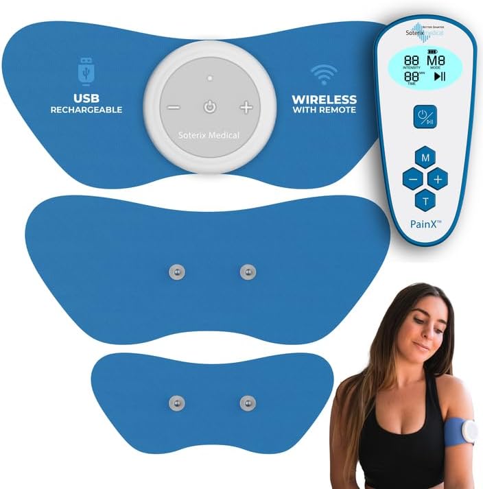 PainX TENS Wireless Tens Unit Muscle Stimulator with EMS - FSA Tens Unit for Back Pain, Knee, Neck and Face with USB Rechargeable Device and Remote, Designed in USA, 4 Electrode Pads
