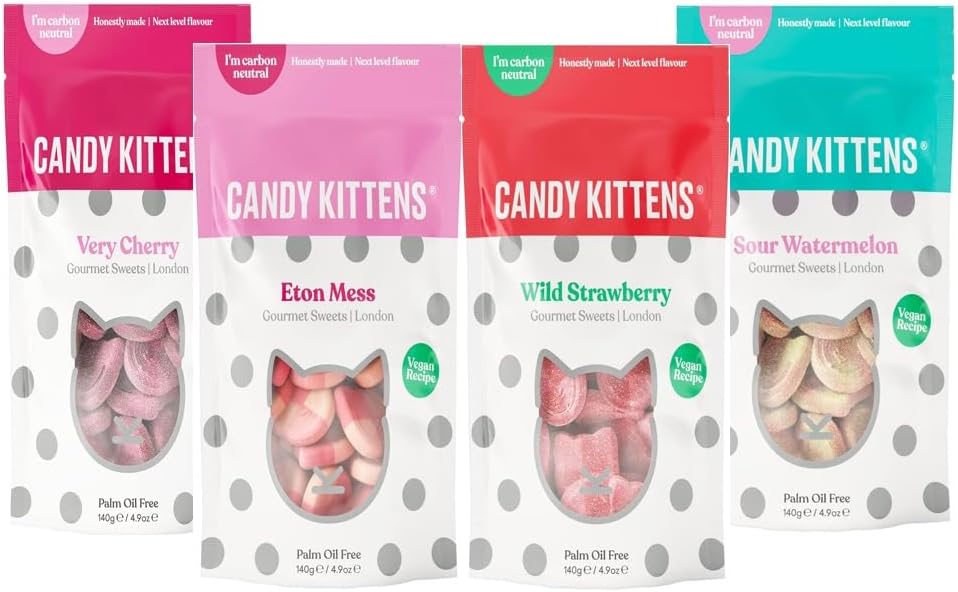 Candy Kitten Vegan Sweets CORE Selection 4 x 140g Wild Strawberry Sour Watermelon Very Cherry & Eton Mess Perfect Vegan Gifts Bulk Bags Naturally Flavoured With Fruit Juice by Zamfoods (4 Mix)