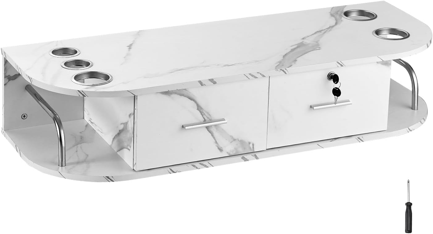 VEVOR Wall Mount Styling Station, Hair Barber Table with 5 Hair Dryer Holders, 2 Drawers(One Lockable), Beauty Salon Equipment for SPA, Barber Shop, Home & Bathroom, Marble White