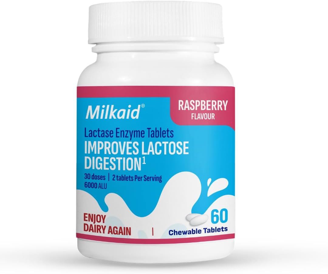 Milkaid Lactase Enzyme Chewable Tablets for Lactose Intolerance Relief | Prevents Gas, Bloating & Diarrhea | Fast Acting Dairy Digestive Supplement (60 Tablets, Raspberry)