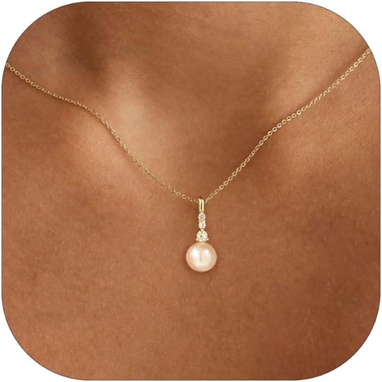 Pearl Necklaces for Women, Dainty Gold Necklace 14K Gold Plated Charm CZ Pearl Pendant Necklace Simple Gold Pearl Choker Necklaces for Women Trendy Wedding Womens Jewelry