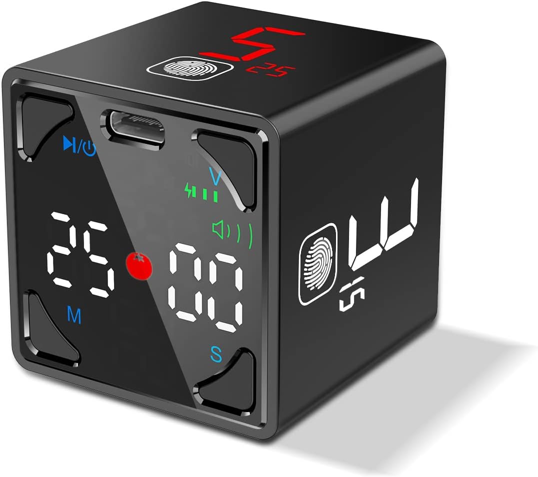 Cube Pomodoro Timer, Productivity Timer, Pause & Resume, Mute, Vibration & Adjustable Sound Alert, for Task, Work, ADHD, ADD, Meeting, 1/3/5/10/15/25/45/60min & Custom Countdown - Black