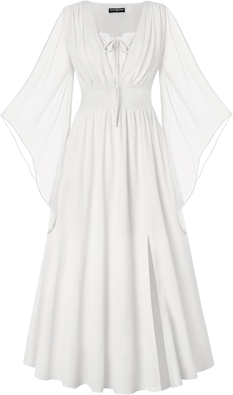 SCARLET DARKNESS Women's Renaissance Dress Lace-up 3/4 Bell Sleeves Slit Front Dress Smocked Medieval Maxi Dresses