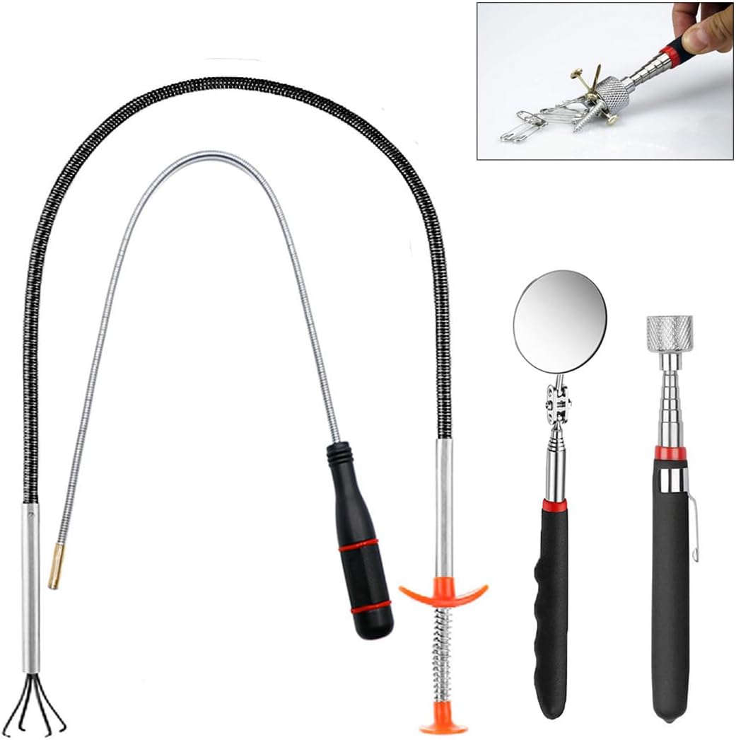 4 Pack Telescoping Magnet Pick-up Tool Set - Retrieving Telescoping Magnet Pickup Tools, Telescoping Inspection Mirror, Bendable Spring Magnet Stick, Flexible Extra Long Reach Bendable Curve Grabber