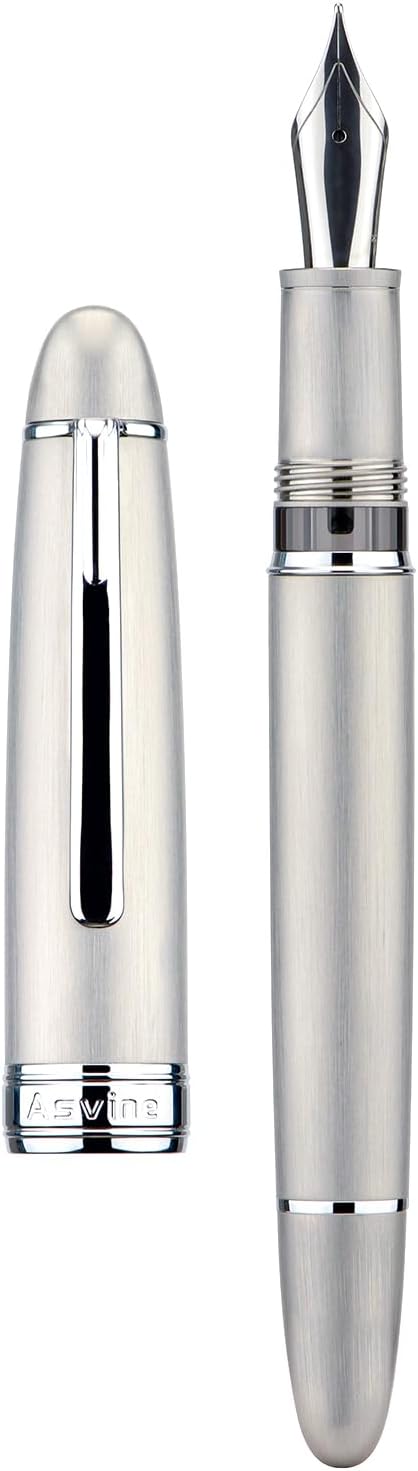 Asvine J16 Brushed Titanium Fountain Pen Jowo Medium Nib Piston Filling, Ink Window, Wrench & Box
