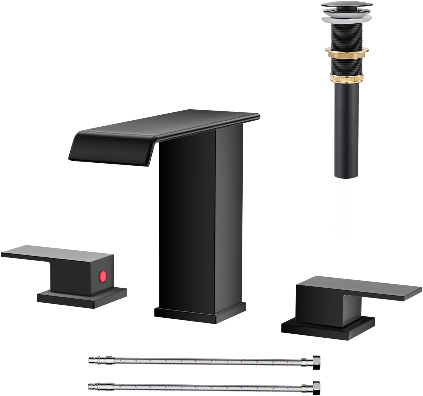 Matte Black Waterfall Bathroom Faucet 3 Hole, 8 Inch Widespread Modern 3 Piece Bathroom Sink Faucet, Touch On Lavatory Faucet for Vanity RV Restroom, Straight Spout