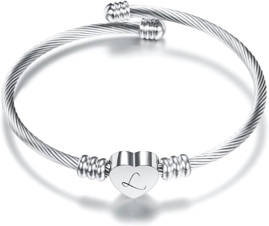 KENYG Delicate Silver Love Heart 26 Initial Letter Alphabet A-Z Cuff Bracelet Open Bangle Adjustable Jewellery Gift For Daughter Son Sisters Friends Mom Colleague Lover Birthday Christmas