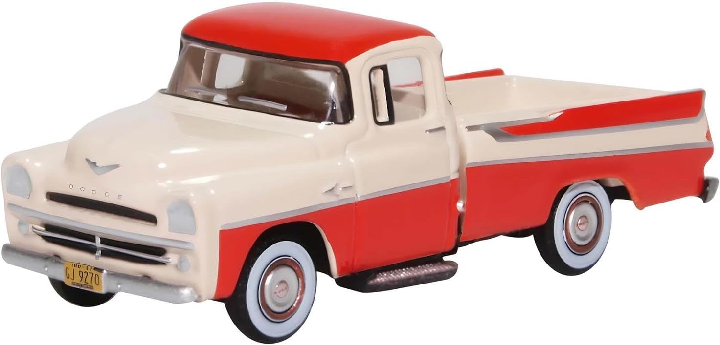1957 Dodge D100 Sweptside Pickup Truck Tropical Coral and Glacier White 1/87 (HO) Scale Diecast Model Car by Oxford Diecast 87DP57001