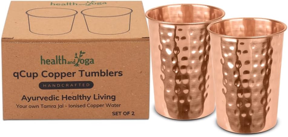 HealthAndYoga™ qCup Pure Copper Tumblers for Drinking - Ayurvedic Health Pure Copper Cups – 2 pcs. set - 250 ml.(8 fl oz) (Hammered)