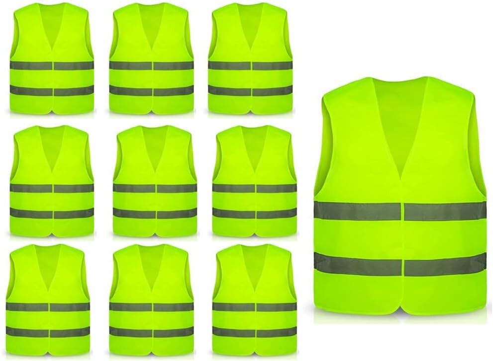 Hitopin 10PCS Safety Vests, Reflective High Visibility Hi Vis Jacket with 2 Strips, for Traffic Work, Running, Surveyor and Security Guard (Universal Size), Yellow