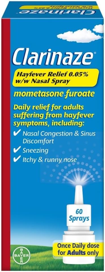 Clarinaze Hayfever Relief Nasal Spray, Prescription Strength, Effective Relief from Allergy Symptoms, mometasone furoate 0.05%, 60 Sprays.