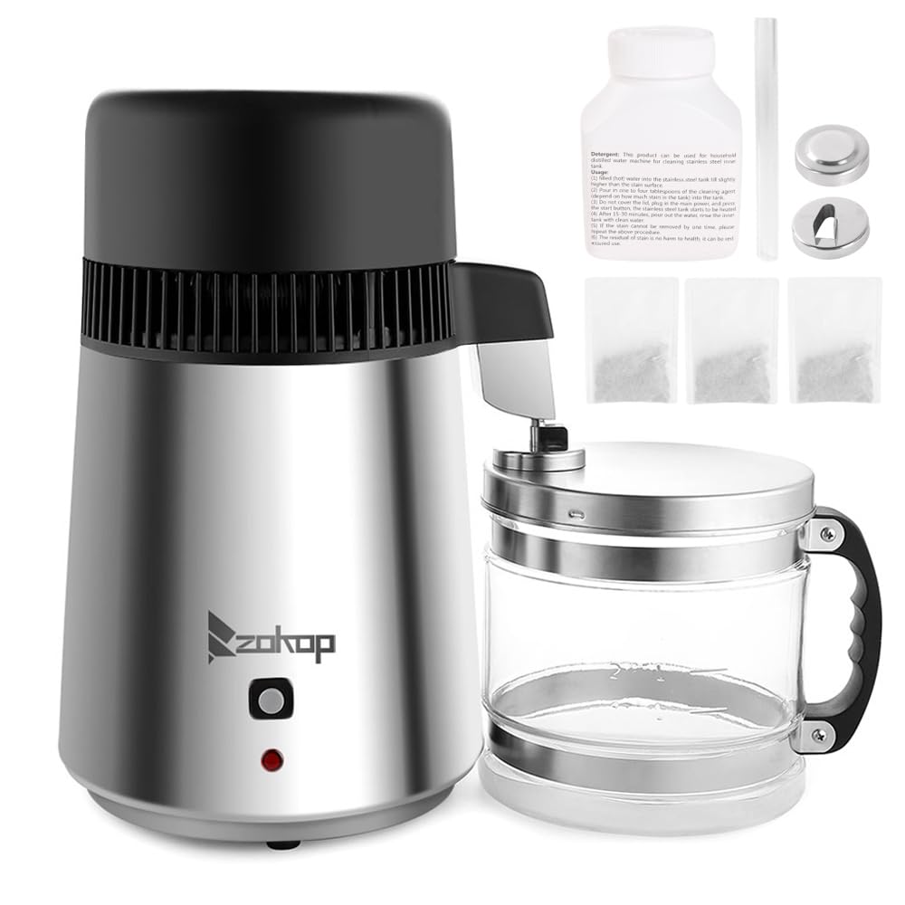4L Water Distiller, Countertop Distilled Water Machine w/Glass Container, 750W Water Purifier Machine w/Stainless Steel Interior, Water Filter Machine Distilling Pure Water Maker for Home Humidifier