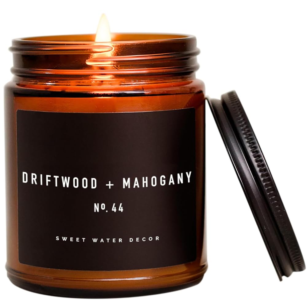 Sweet Water Decor Driftwood and Mahogany Candle - Mahogany, Lavender, Wood, and Geramium Scented Candle for Home - 9oz Amber Jar, 40 Hour Burn Time, Made in the USA