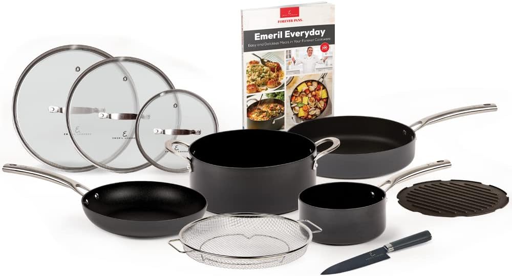 Emeril Everyday Forever Pans Hard-Anodized Pots and Pans Set Nonstick, Induction Cookware with Utensils by Emeril Lagasse, Black, 10-pc Cookware Set + Cookbook (10 Pc with Cookbook) OPEN BOX