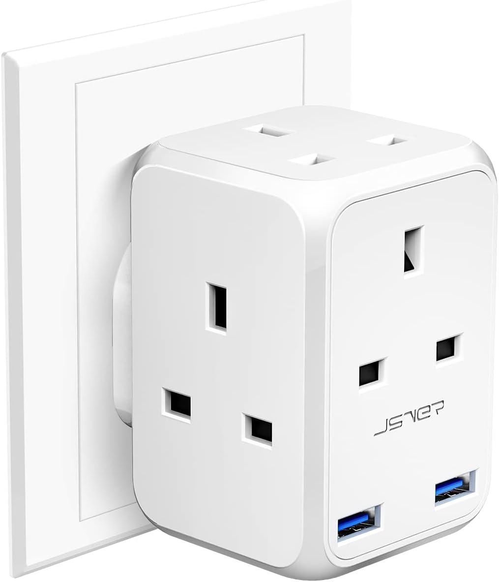 4 Way Plug Adapter USB, JSVER Multi Plug Extension UK with 2 USB Ports 13A Multiplug Socket Adapter for Phone,Tablet White