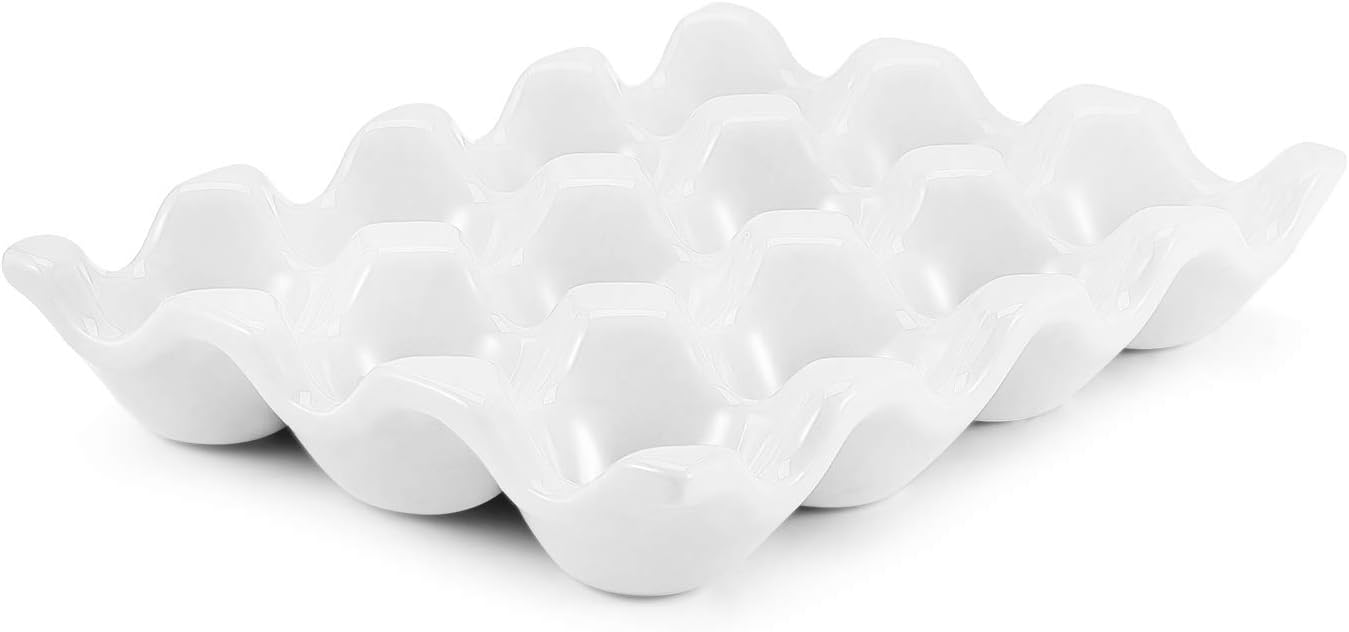 Flexzion 12 Eggs Ceramic Egg Holder, 12 Porcelain Egg Tray Storage Box, Non-Slip Egg Plate, Egg Holder, Egg Carrier Egg Box for Home, Kitchen, Fridge, Restaurant, White