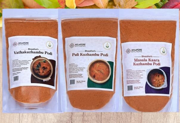 Mylapore Kitchen Mix Combo D - Vathakuzhambu Podi 100g, Puli Kuzhambu Podi 100g & Masala Kaara Kuzhambu Podi 100g - Pack of 3