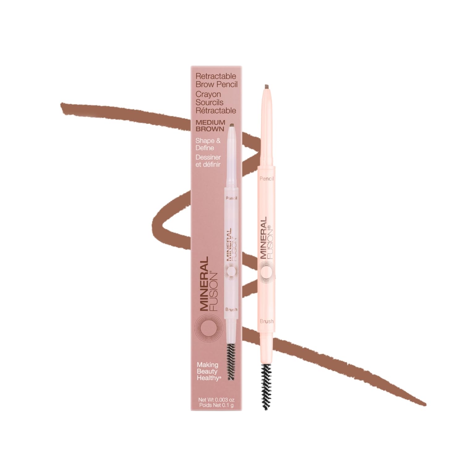 Mineral Fusion Retractable Brow Pencil (Medium Brown) - Shape & Define Eyebrow with Blending Spoolie Brush - Velvety Smooth & Natural Eye Makeup - Long-Lasting Color - Hypoallergenic, Vegan Formula